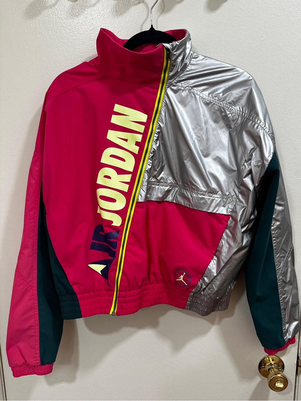 Jordan Pink, Silver & Teal Colorblock Windbreaker Jacket
